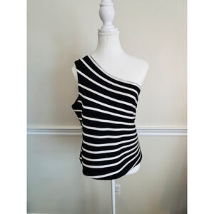 Joseph Ribkoff Striped One Shoulder Top Black White Size 20